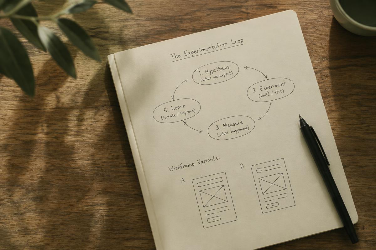 Notebook with a sketched experimentation loop